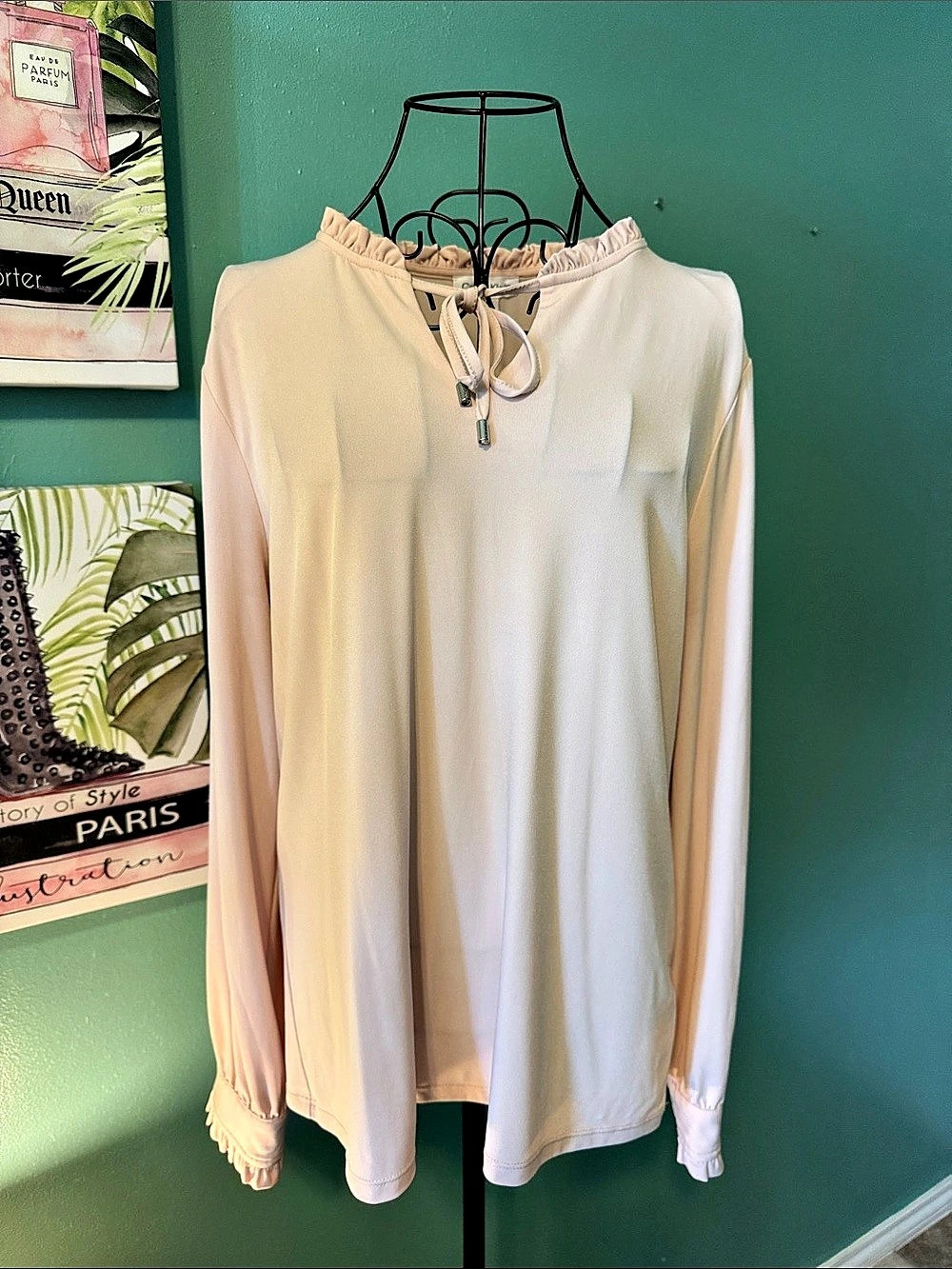 Calvin Klein Ruffle Trim Tie Neck Long Sleeve Blouse, Cream, Large